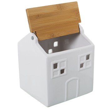 Bote Ajos Ceramica Blanca C/tapa Madera Bambu 16x15x19cm