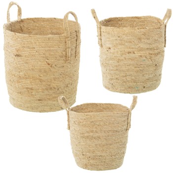 Set 3 Cestos Hojas De Maiz/hierba De Mar Natural _ø40x42cm Ø35x37cm Ø30x33cm