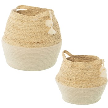 Set 2 Natural Cotton / White Basket Corn Leaves- _ø30x38cm Ø24x31cm