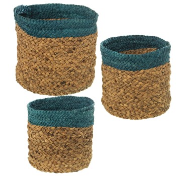 Set 3 Cestos Paja Natural/azul _ø33x32cm Ø29x28cm Ø26x25cm