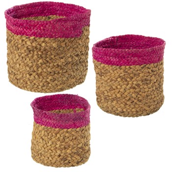 Set 3 Cestos Paja Natural/fucsia _ø33x32cm Ø29x28cm Ø26x25cm