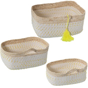 Set 3 Cestos Hojas Maíz/algodón Natural C/lunares Amarillos 35x25x15+31x21x13+27x12x11cm