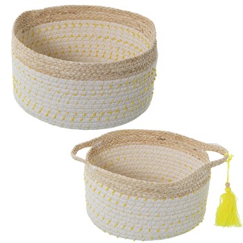 Set 2 Cotton Natural Corn Leaves Baskets W/ Yellow Polka-dots
