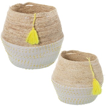 Set 2 Cotton Natural Corn Leaves Baskets W/ Yellow Polka-dots And Tassels
