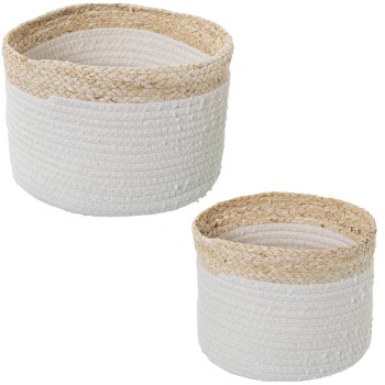 Set 2 Natural/cotton/white Corn Leaves Baskets- Ø25x18+ø20x16cm