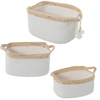 Set 3 Cesti In Foglie Di Mais E Cotone - Naturale E Bianco Con Pois Gialli- 35x21x21+31x21x18+28x18x15cm