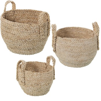 Set 3 Cestini In Foglie Di Mais Con Maniglie - Naturale- Ø34x27+ø30x24+ø26x21cm