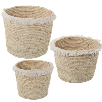 Set 3 Natural Corn Leaves Baskets W/ Cotton Fringes/ Handless- Ø30x28+ø27x24+ø24x20cm