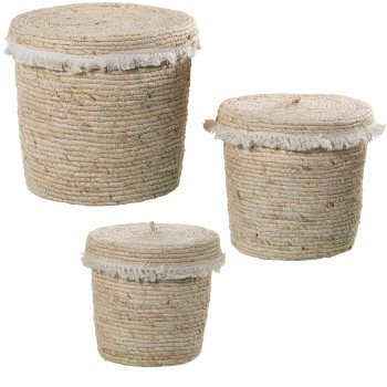 Set 3 Natural Corn Leaves Baskets W/lid+cotton Fringes- Ø35x35+ø30x30+ø25x25cm