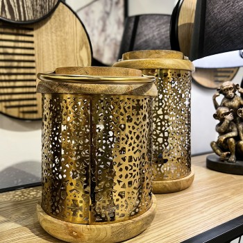 Golden Wood/metal Lantern- _18x18x25cm