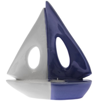 Figura Barco Portavela Cerámica Blanco/azul 22x8,5x23cm