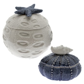 Set 2 Cajas Cerámica Blanco/azul Conchas 10,5x10,5x10cm+9x7x7cm