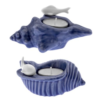 Set 2 Portavelas Cerámica Conchas Azul/blanco 7,5x12x6cm+10,5x7,5x5cm
