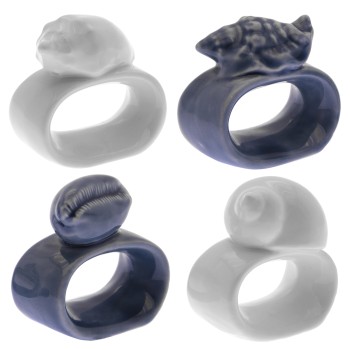 Anillo Para Servilletas Cerámica Conchas Azul/blanco 6x3,5x3,5cm