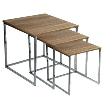 Set 3 Natural Wooden And Steel Legs Side Tables- _53x39x48+42x36x42+33x33x37cm