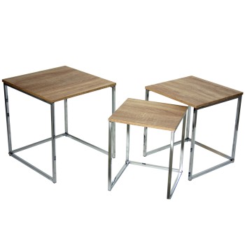 Set 3 Natural Wooden And Steel Legs Side Tables- _53x39x48+42x36x42+33x33x37cm