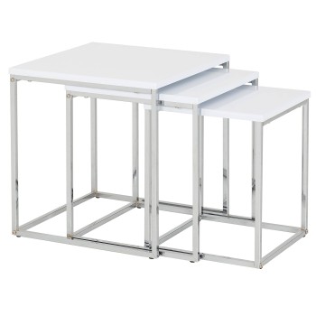 Set 3 Tavolini In Legno E Metallo - Bianco Lucido - Legno: Dm- _40x40x42+35x35x39+30x30x36cm