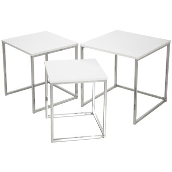 Set De 3 Tables D´appoint En Bois Et Métal - Blanc Brillant - Bois: Dm- _40x40x42+35x35x39+30x30x36cm