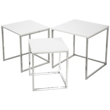 Set 3 Bright White Wooden And Metal Side Tables - Wood: Dm- _40x40x42+35x35x39+30x30x36cm