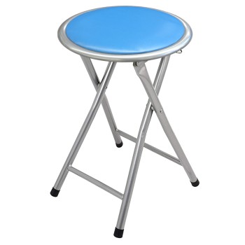 Tabouret Pliable En Métal, Siége Bleu Ø30x45cm Avec Verrouillage De Sécurité, Siège En Pvc Rembourré