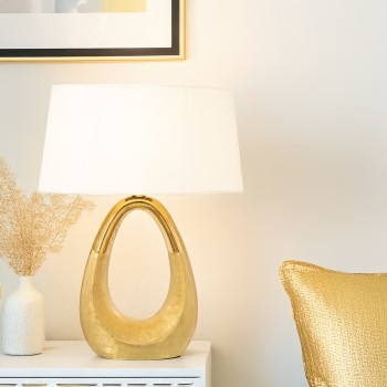 Lampada Da Tavolo In Ceramica Dorata +52561, 1xe27 Max.40w_38x24x54cm, Lampadina Non Inclusa