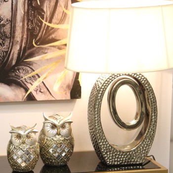 Lampada Da Tavolo In Ceramica Argentata +57230, 1xe27 Max.40w_38x24x57cm Base:22x8x32cm, Lampadina Non Inclusa